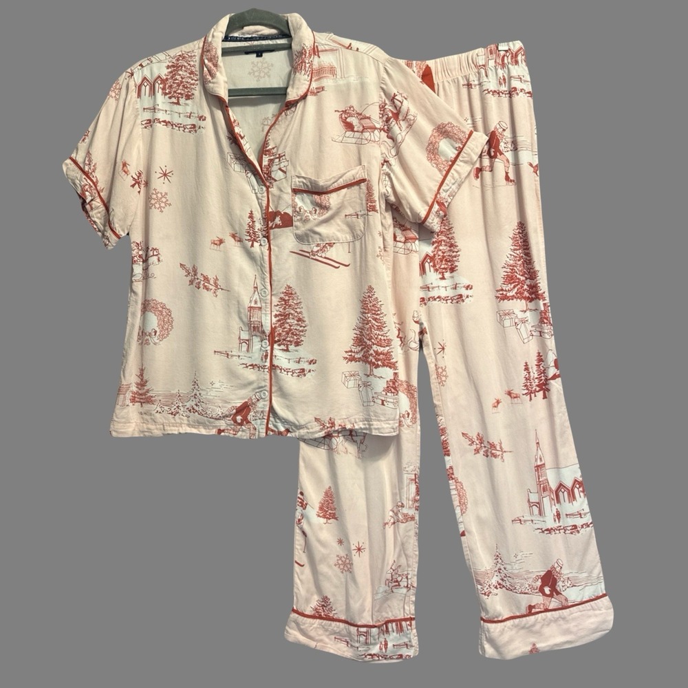 Katie Kime Holiday Toile 2 Piece Pajamas Pant Set Size S Pink Christmas PJs